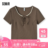 森马（Semir）短袖T恤女短款假两件温柔优雅2024夏紧身绑带衣服芭蕾风 咖啡50892 160/84A/M