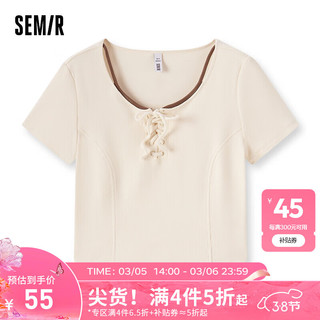 森马（Semir）短袖T恤女短款假两件温柔优雅2024夏紧身绑带衣服芭蕾风 奶白10501 170/92A/XL