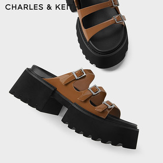 CHARLES&KEITH24春季厚底细条带外穿露趾凉拖鞋CK1-70381017 Cognac白兰地色 41