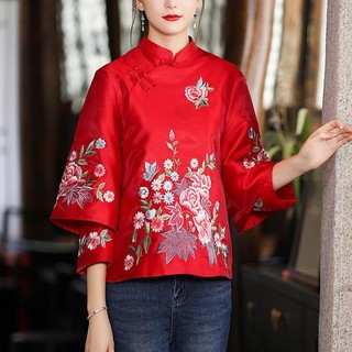 丝潇过年唐装女装中国风气质盘扣中式复古绣花短款改良版旗袍上衣 红色 XL