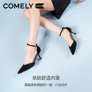 康莉包头凉鞋女春夏一字带尖头羊皮法式优雅细跟高跟鞋