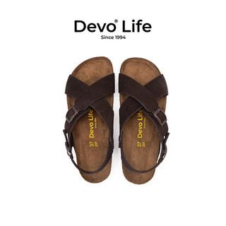 Devo Life的沃软木凉鞋女时尚休闲平底搭扣罗马复古日系凉拖56111 深棕反绒皮 34