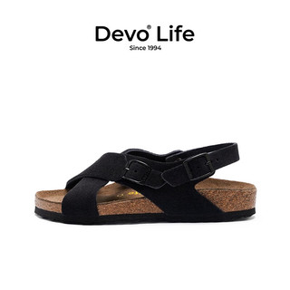 Devo Life的沃软木凉鞋女时尚休闲平底搭扣罗马复古日系凉拖56111 黑色反绒皮 39
