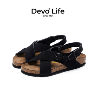 Devo Life的沃软木凉鞋女时尚休闲平底搭扣罗马复古日系凉拖56111 黑色反绒皮 39