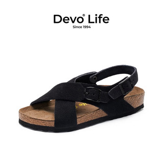 Devo Life的沃软木凉鞋女时尚休闲平底搭扣罗马复古日系凉拖56111 黑色反绒皮 37
