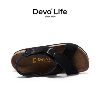 Devo Life的沃软木凉鞋女时尚休闲平底搭扣罗马复古日系凉拖56111 黑色反绒皮 34