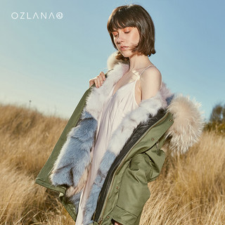 OZLANA 派克服女外套女大毛领皮毛一体兔毛皮草大衣女 雾霾绿+松石蓝金岛狐狸毛 XS