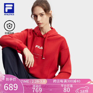 FILA 斐乐女子连帽卫衣2024春宽松抗菌运动针织上衣 热腥红-RD 180/96A/XXL