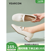 YEARCON 意尔康 女鞋 时尚乐福鞋女2024春季牛皮套脚单鞋女舒适中跟小皮鞋女 米白 37