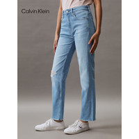 Calvin Klein Jeans24春夏女士潮流破洞毛边高腰修身直筒牛仔裤J223377 1AA-牛仔浅蓝 29