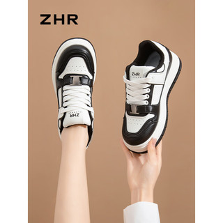 ZHR休闲板鞋女2024春季厚底百搭小白鞋时尚软底熊猫鞋子女 白黑 39