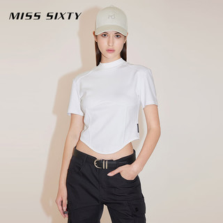 MISS SIXTY2024春季短袖T恤女半高圆领鱼骨拼接纯色短款显瘦 白色 XS