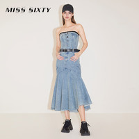 MISS SIXTY【土耳其牛仔】2024春季新款牛仔抹胸连衣裙女鱼尾裙 中蓝