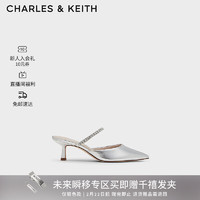 CHARLES&KEITH24春亮钻一字带尖头高跟穆勒拖鞋CK1-60920353 Silver银色 34