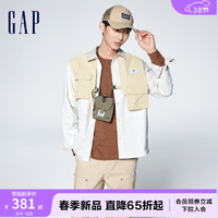 Gap男装春季2024LOGO户外工装拼接长袖衬衫876985休闲上衣 米白色 180/100A(XL)亚洲尺码