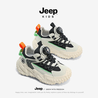 Jeepjeep儿童运动鞋男童鞋子2024春季防滑网面透气跑步鞋女童鞋子 米黑 29码 鞋内长约18.7cm