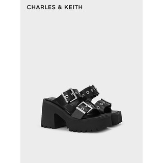 CHARLES&KEITH24春方头厚底铆钉皮带高跟拖鞋女CK1-80580147 Black黑色 38
