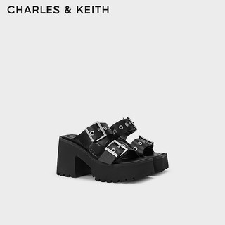 CHARLES&KEITH24春方头厚底铆钉皮带高跟拖鞋女CK1-80580147 Black黑色 35