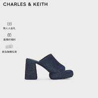 CHARLES&KEITH24春季方头厚底一字高跟外穿拖鞋CK1-60361502 DARK BLUE深蓝色 39