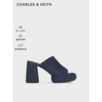 CHARLES&KEITH24春季方头厚底一字高跟外穿拖鞋CK1-60361502 DARK BLUE深蓝色 40