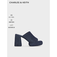 CHARLES&KEITH24春季方头厚底一字高跟外穿拖鞋CK1-60361502 DARK BLUE深蓝色 35
