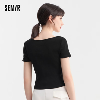 森马（Semir）短袖T恤女短款紧身气质夏季2024显瘦方领上衣 黑色90001 170/92A/XL