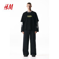 H&M【H2合作系列】男装T恤2024春季印花棉质双层长袖1225981 黑色 165/84A XS