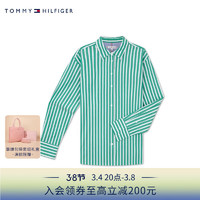 TOMMY HILFIGER24春季女装纯棉休闲条纹刺绣宽松长袖衬衫WW0WW41854 绿白条纹0CD 38 （L）