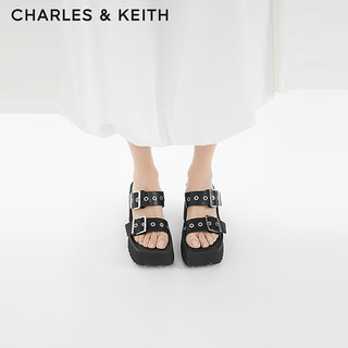 CHARLES&KEITH24春方头厚底铆钉皮带高跟拖鞋女CK1-80580147 Black黑色 40