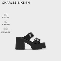 CHARLES&KEITH24春方头厚底铆钉皮带高跟拖鞋女CK1-80580147 Black黑色 39