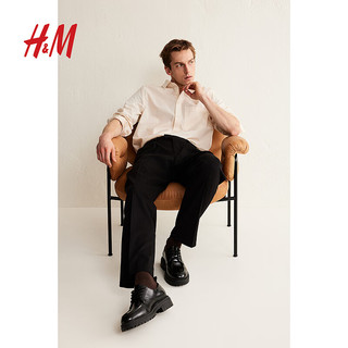 H&M男装衬衫2024春季时尚舒适棉质梭织休闲长袖上衣1211263 奶油色/条纹 180/116A XL
