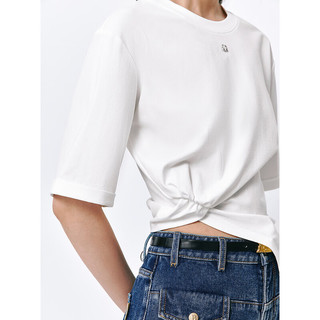 太平鸟设计感解构T恤女短袖2024春不规则收腰圆领纯色短上衣 白色 M