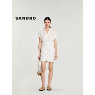 SANDRO2024早春女装法式白色抽皱包臀V无袖连衣裙SFPRO03529 10/白色 36