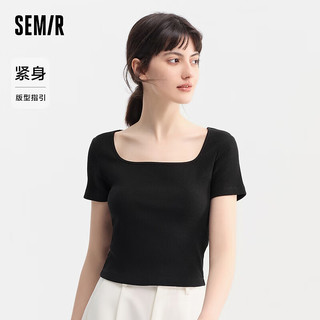 森马（Semir）短袖T恤女短款紧身气质夏季2024显瘦方领上衣 黑色90001 150/76A/XS