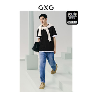 GXG男装 双色含桑蚕丝分割设计圆领短袖T恤男士上衣 24年夏 黑色 180/XL
