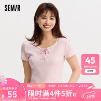 森马（Semir）短袖T恤女短款假两件温柔优雅2024夏紧身绑带衣服芭蕾风 粉红60059 155/80A/S