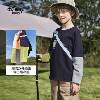 迪士尼（DISNEY）童装儿童男童假两件长袖T恤易去污耐磨上衣24春DB411AE04青120 藏青-易去污