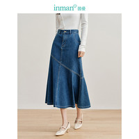 茵曼法式牛仔拼接鱼尾裙2024春女装中高腰半身裙 深牛仔蓝 L