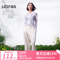 ubras24年桃花系列-小圆领网纱印花长袖打底衣打底衫透气舒适 白底晕染灰色印花色 L