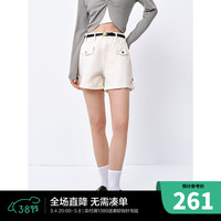 太平鸟高腰工装牛仔短裤2024年夏季配腰带黑色直筒牛仔裤短裤 米白 M