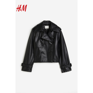 H&M女装上装2024春季复古潮流宽松版型仿风衣涂层外套1202796 黑色 160/88A