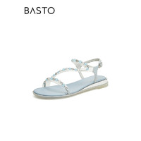 BASTO 百思图 24夏商场珍珠条带休闲坡跟一字带女平底凉鞋RWZ31BL4 透明/兰 39