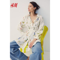 H&M2024春季女装田园风腰部系带衬衫式碎花连衣裙1219074 白色/蓝色花卉 165/96A M