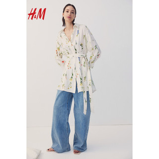 H&M2024春季女装田园风腰部系带衬衫式碎花连衣裙1219074 白色/蓝色花卉 165/96A M