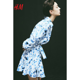 H&M2024春季女装田园风腰部系带衬衫式碎花连衣裙1219074 白色/蓝色花卉 165/96A M