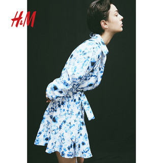 H&M2024春季女装田园风腰部系带衬衫式碎花连衣裙1219074 奶油色/花卉 160/88A S