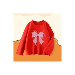 真维斯童装女童可爱蝴蝶结图案纯棉圆领长袖T恤JU 红8200 130cm
