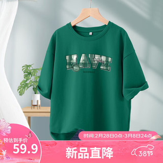 班尼路绿色纯棉短袖t恤女2024夏季半袖美式潮牌宽松重磅上衣 墨绿-格纹标签 S