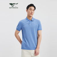 七匹狼短袖T恤2024年仿牛仔花纱细条短袖POLO男士条纹翻领t恤上衣 112(中蓝) 180/96A/XXL