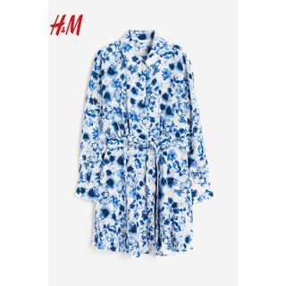 H&M2024春季女装田园风腰部系带衬衫式碎花连衣裙1219074 奶油色/花卉 170/116A XL